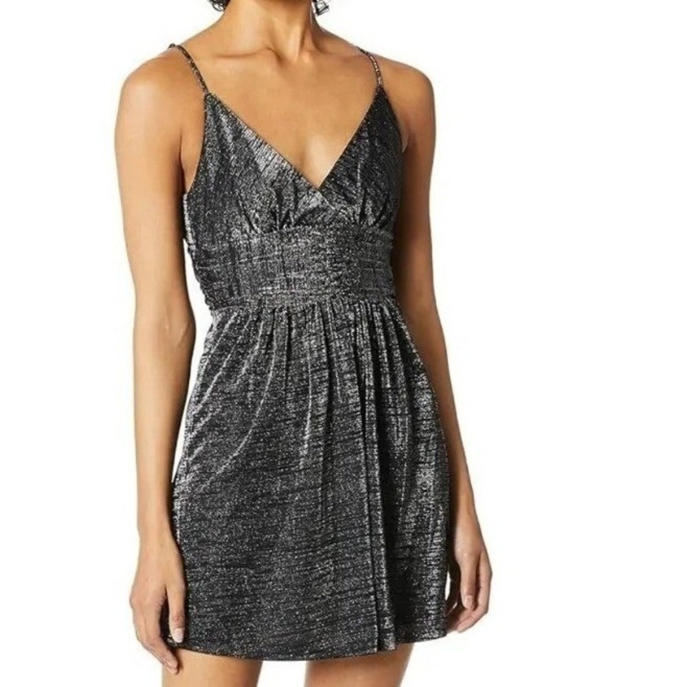 BCBGeneration Size‎ XS Black Metallic Empire Waist Plunge Back Mini Party Dress